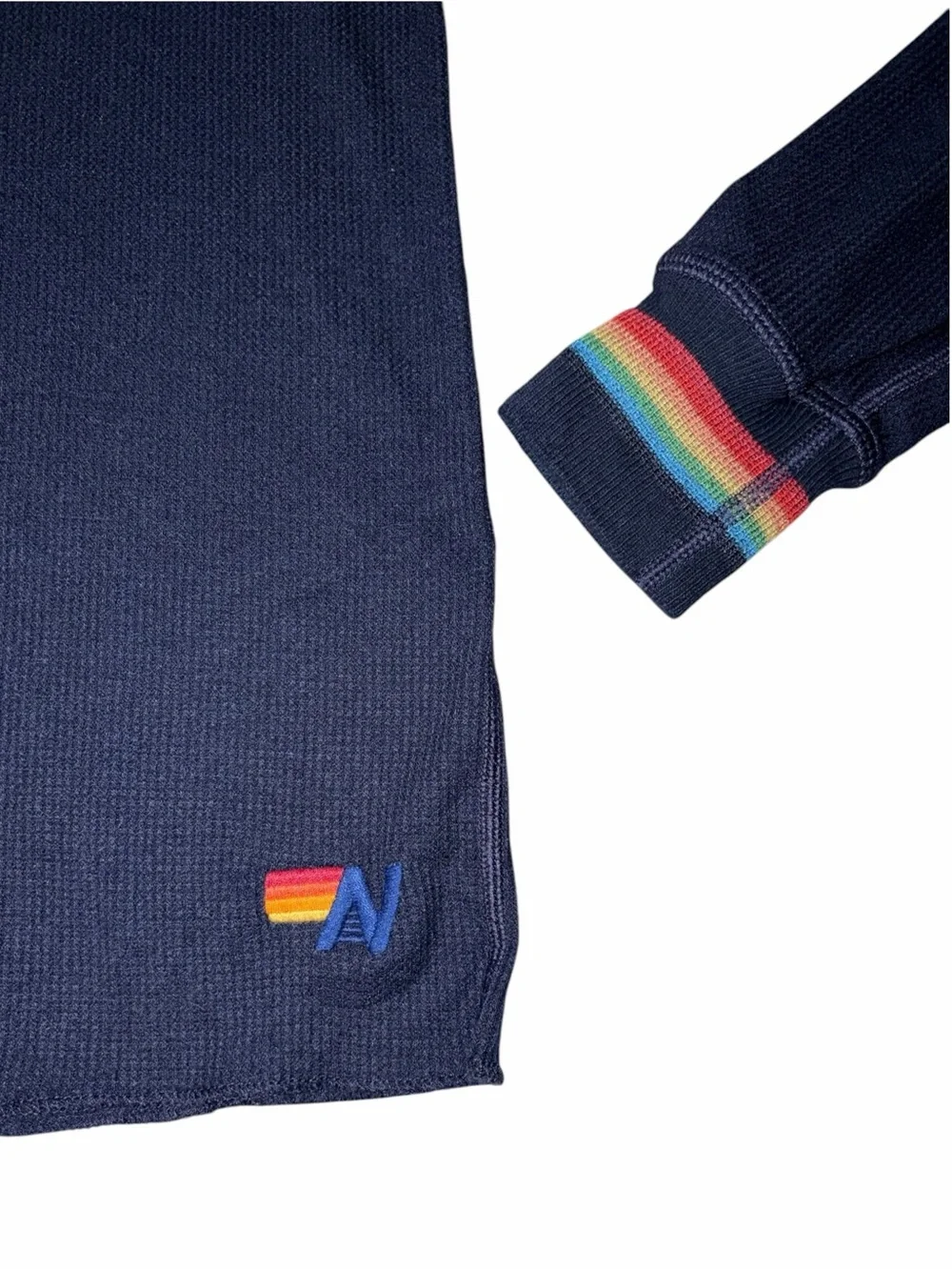 EUC Aviator Nation Embroidered Navy Thermal Tee Rainbow Cuffs Large Athleisure